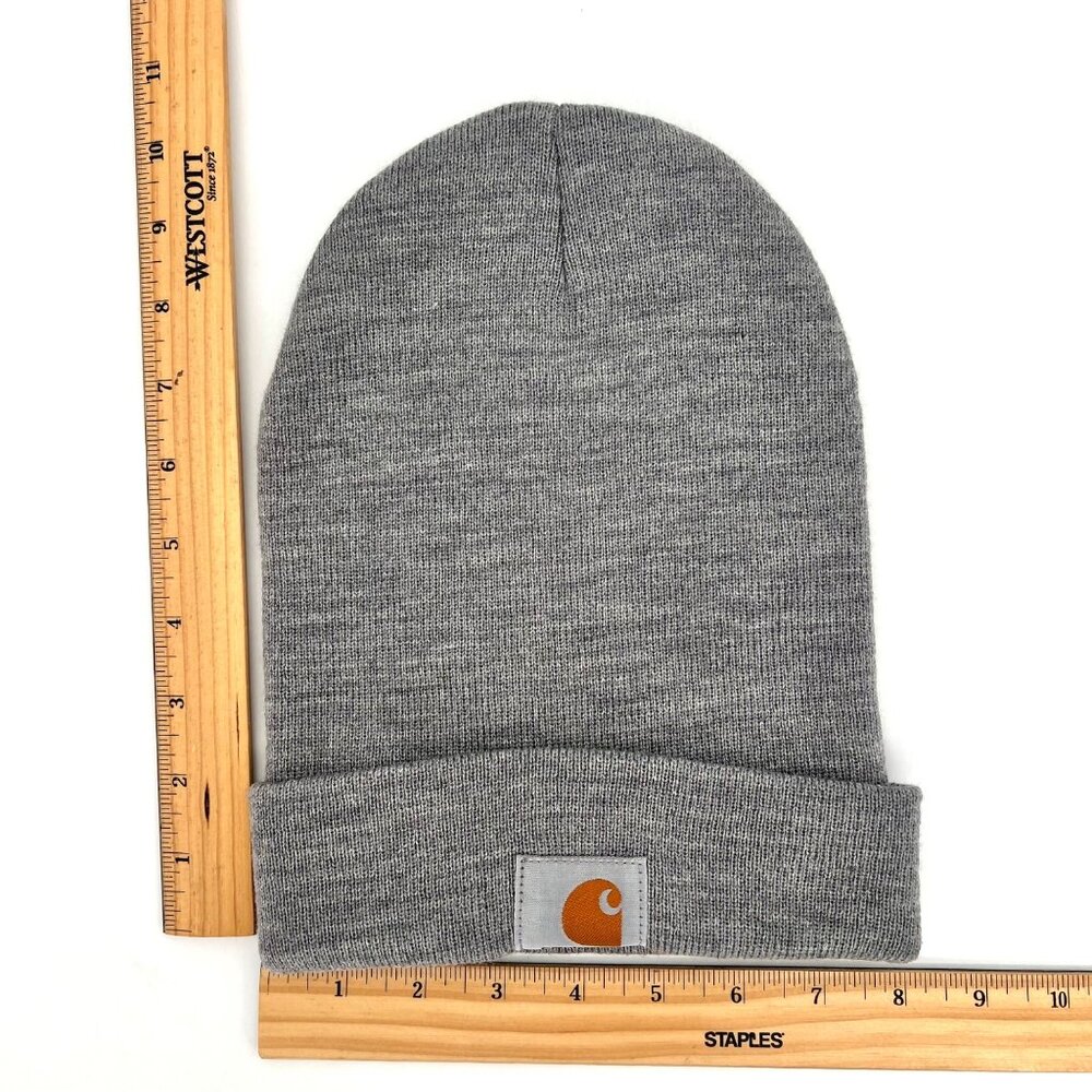 Carhartt Mens Gray Acrylic Knit Cuffed Beanie Hat Ski Cap Logo Patch - Picture 4 of 9